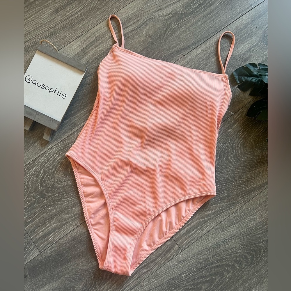 Garage denim ribbed one piece swimsuit in peach. Size M NWOT!